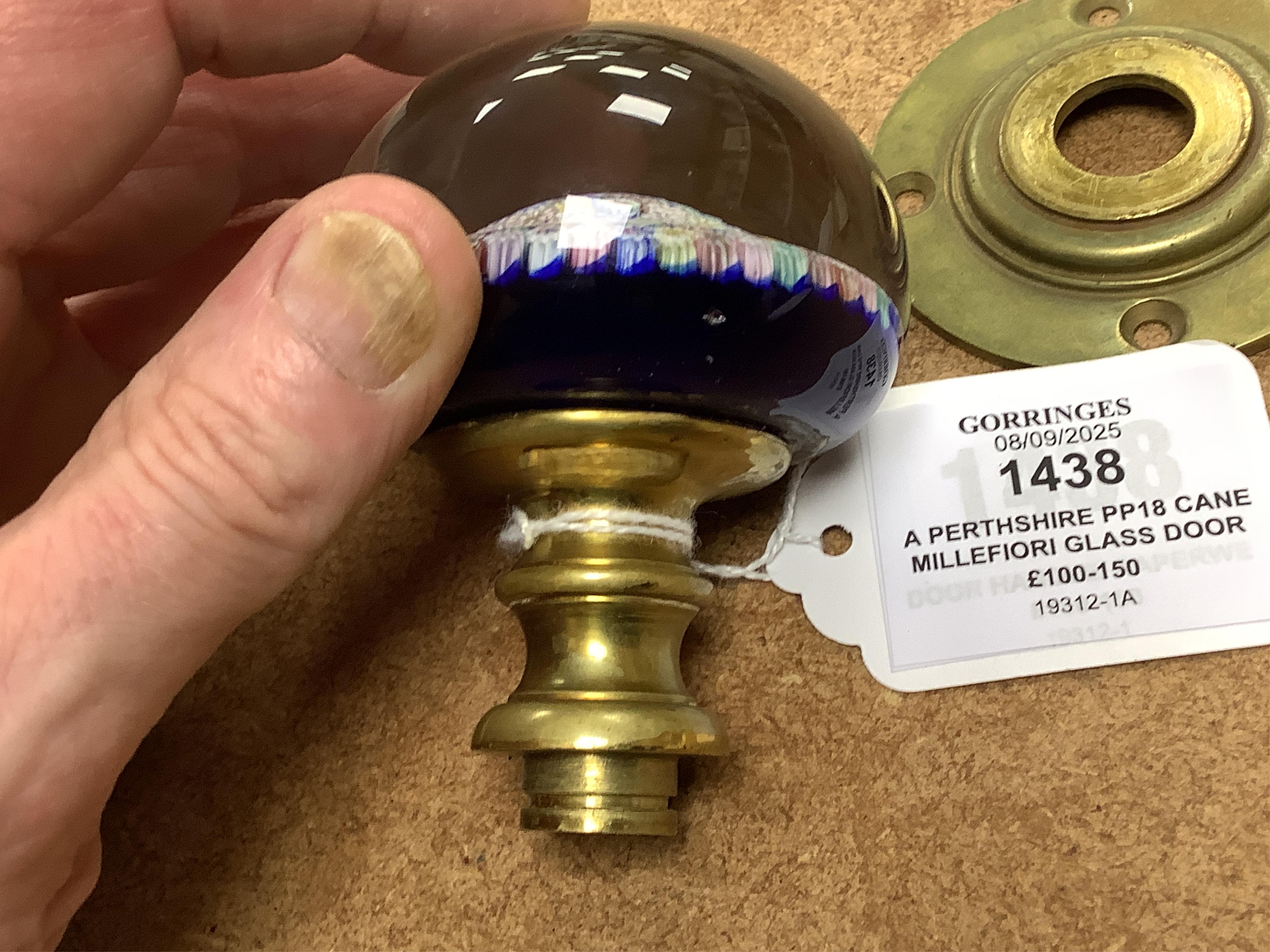 A Perthshire PP18 cane millefiori glass door handle/ paperweight, 6cm in diameter